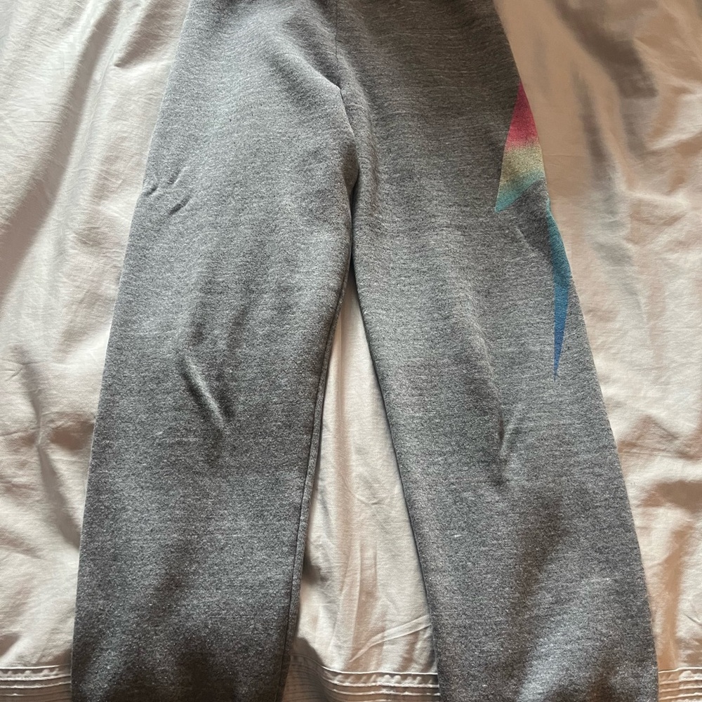 Aviator Nation, Size 10, Gray Sweatpants with Rainbow Faded Bolt.